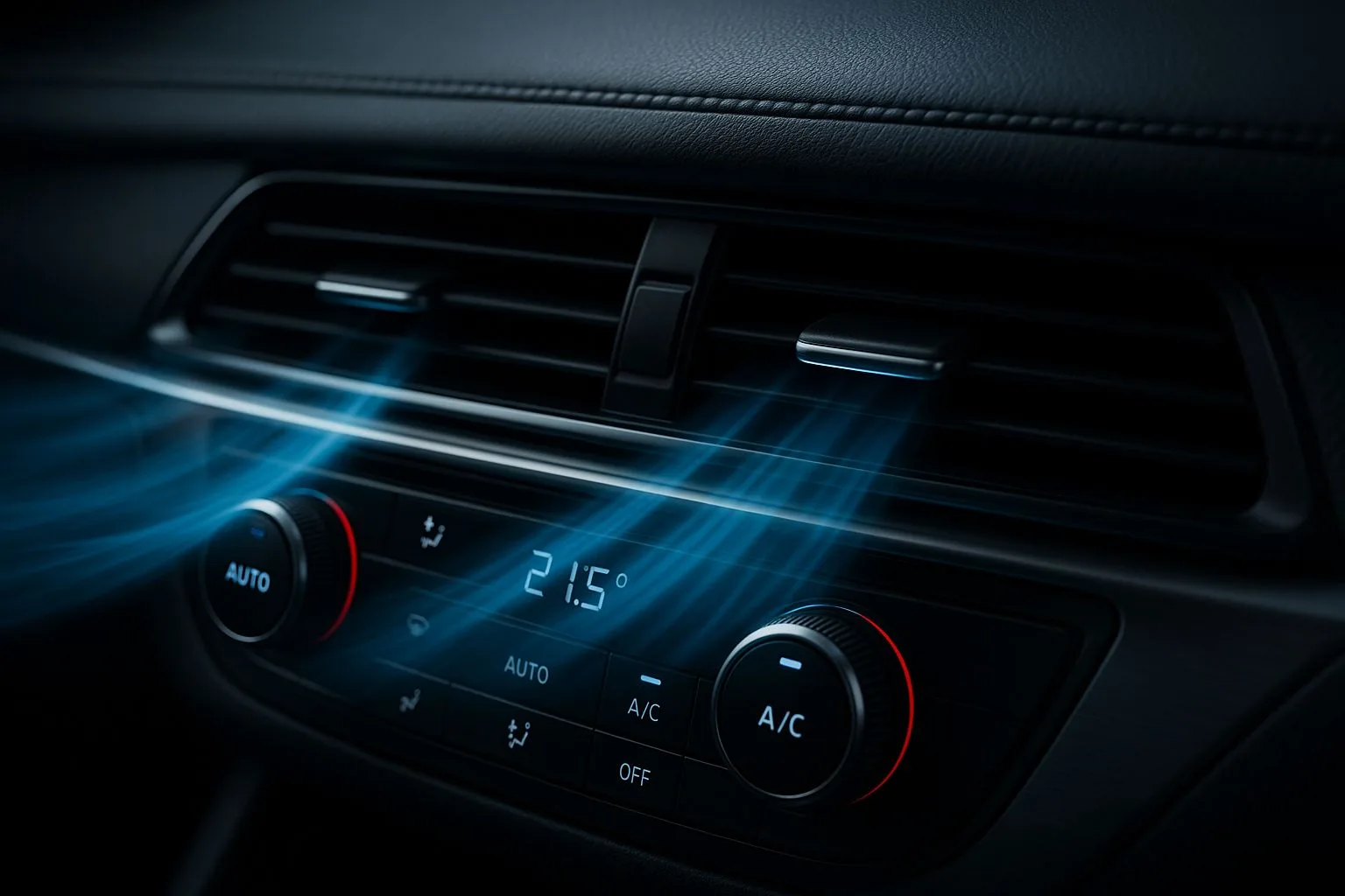 Professioneller Klimaservice im Auto – kühle, saubere Luft aus modernen Lüftungsdüsen mit digitaler Temperaturanzeige
