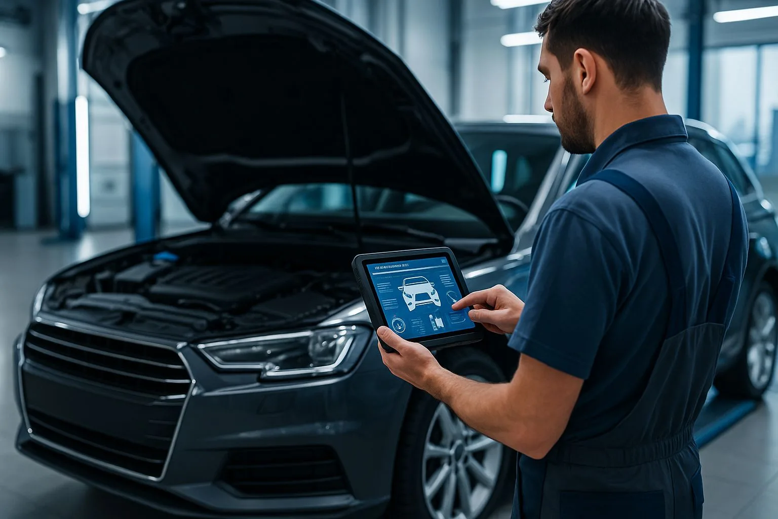 Mechaniker bei moderner Fahrzeugdiagnose in Heidenau – digitale Fehlerspeicheranalyse mit Tablet in der Werkstatt